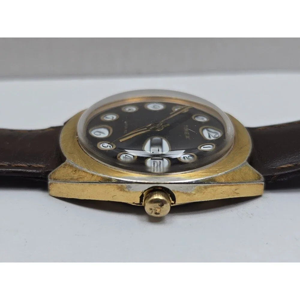 Vintage 1976 Timex Marlin Telephone Dial Day Date Hand Wind Gold Tone Mens Watch